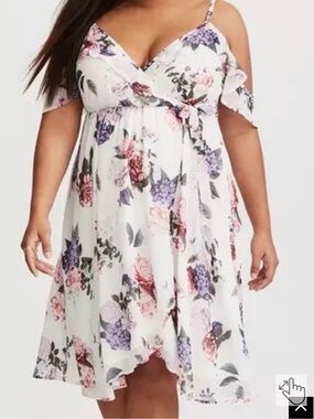 Torrid' White Floral Cold-Shoulder Dress with Pink & Purple Blooms